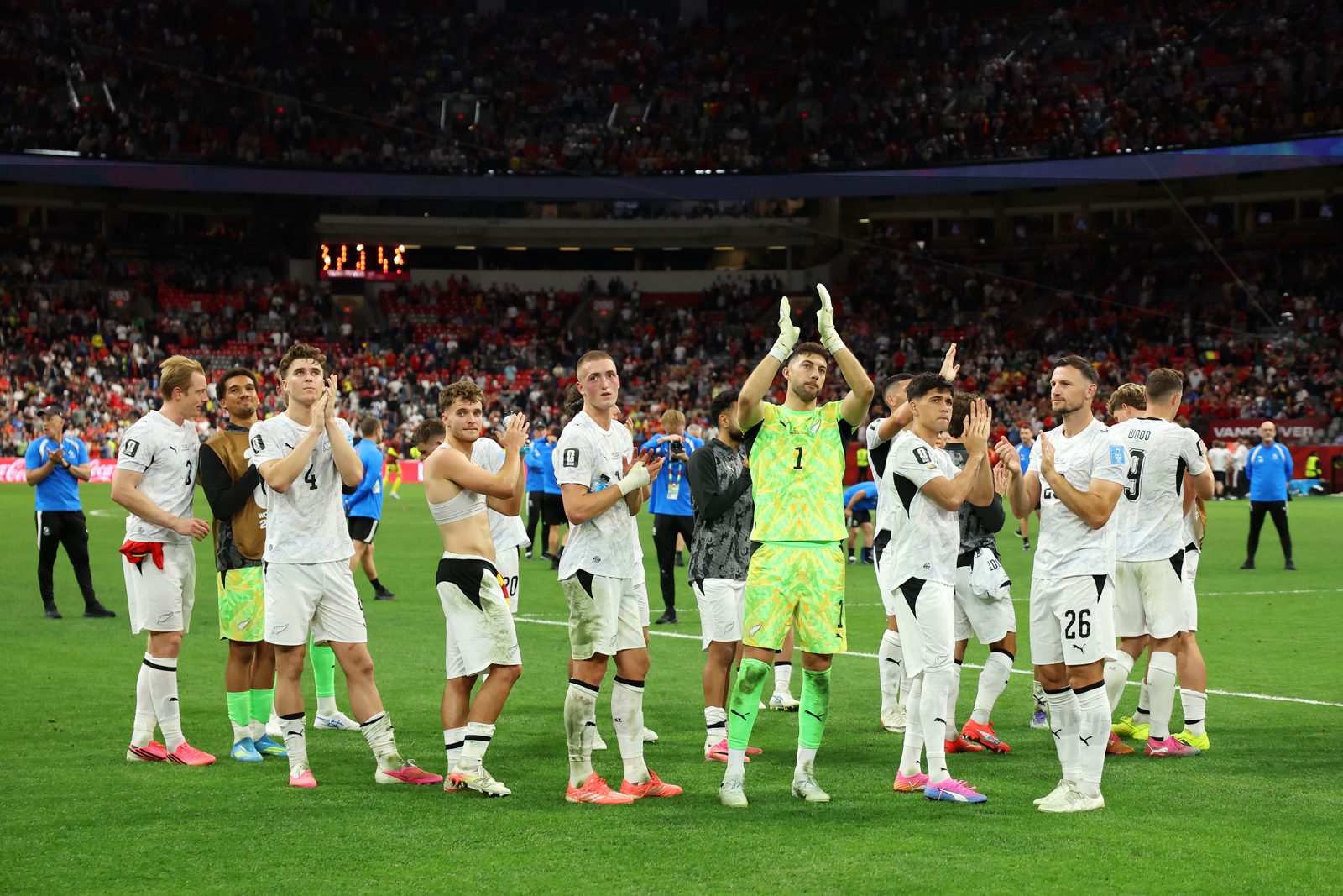 All Whites players during their World Cup match against Belgium.