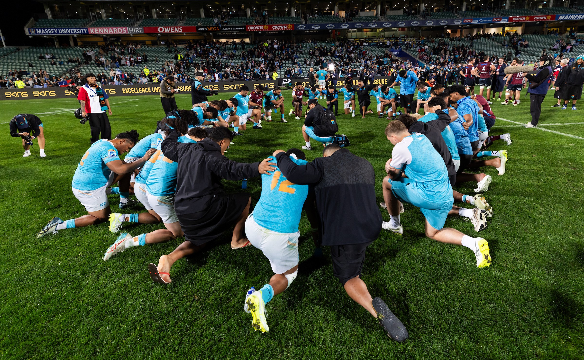 Moana Pasifika players during a Super Rugby match.
