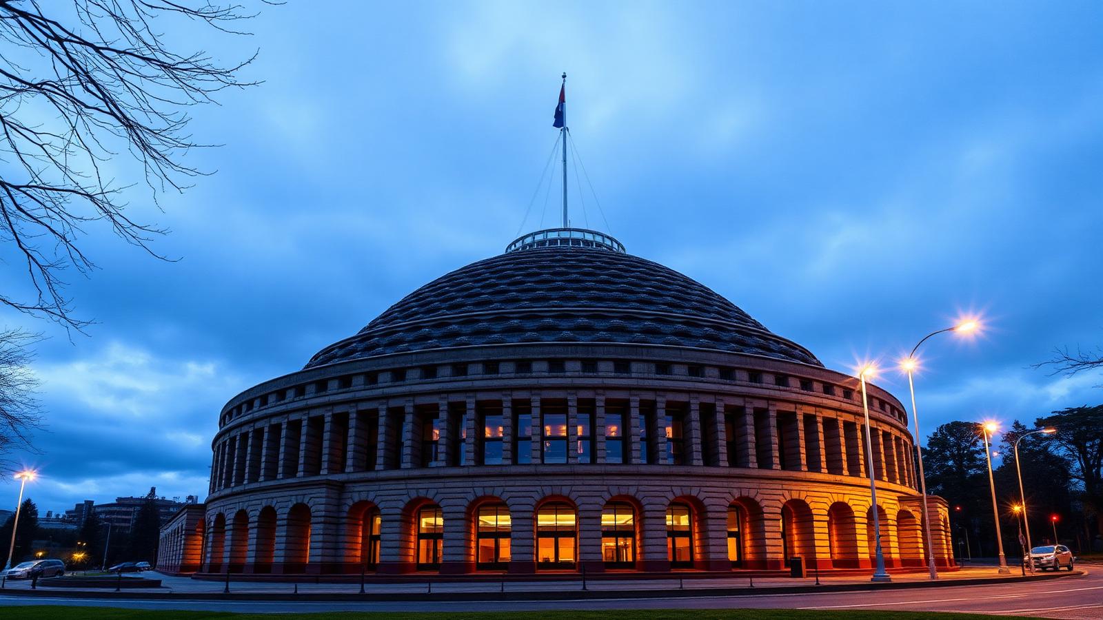 Parliament in Wellington at dusk.