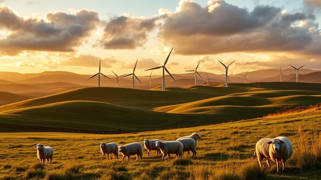 Wind turbines on rolling New Zealand farmland at sunset, with sheep grazing in the foreground.