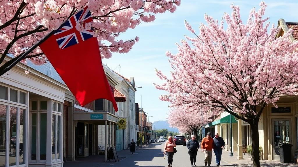 A small-town New Zealand main street lined with heritage shop fronts and cherry blossom trees.