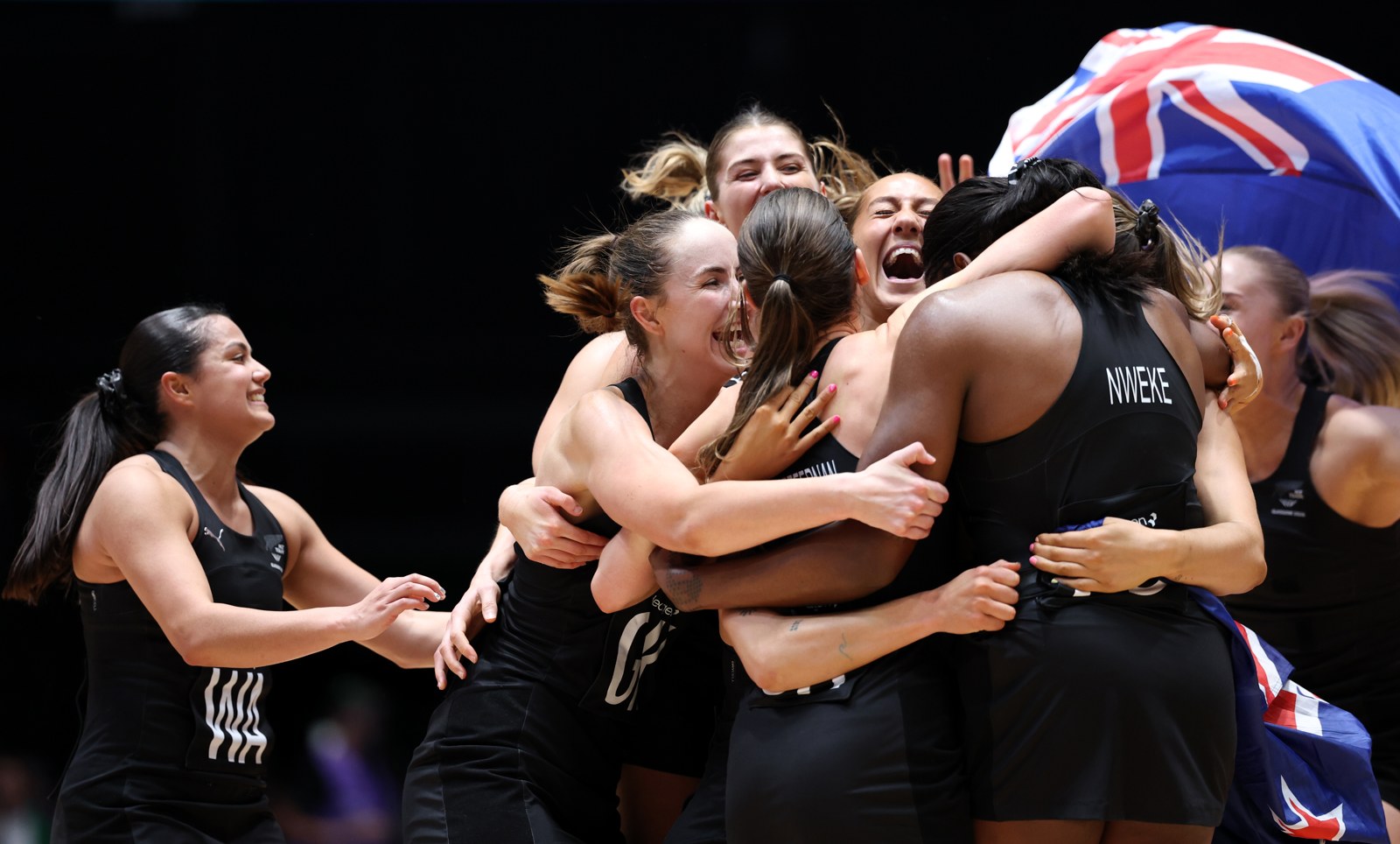 New Zealand players celebrate after winning Commonwealth Games netball gold in Glasgow.